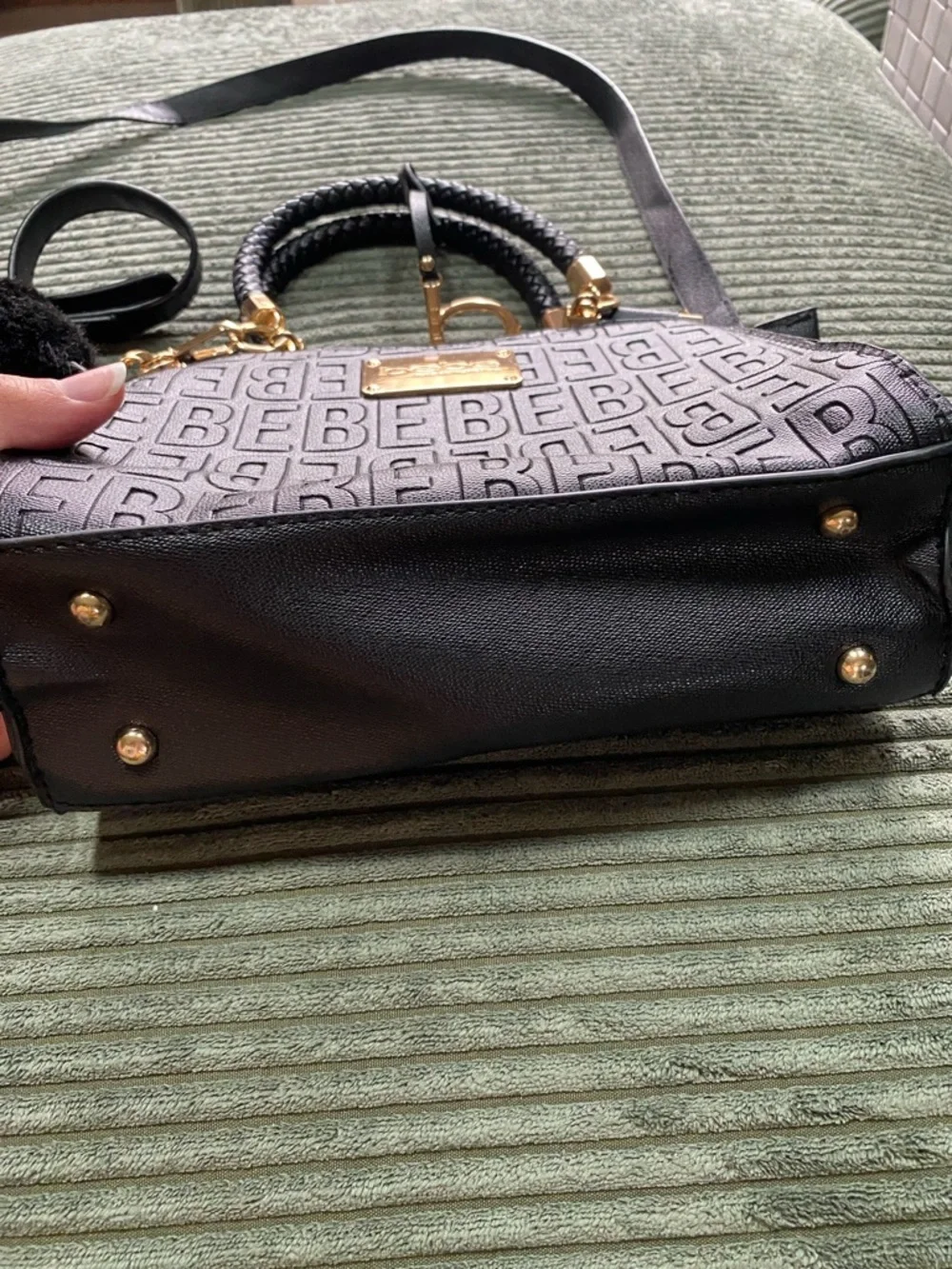 bebe Black Embossed Logo Satchel with Pom Charm